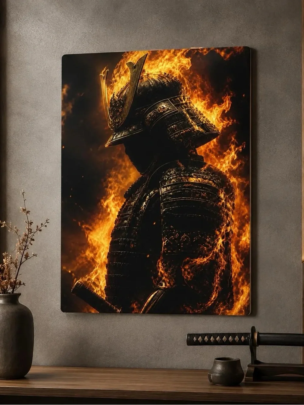 Flaming Samurai Metal Art Sign | Japanese Warrior Wall Decor | Gaming/Fantasy